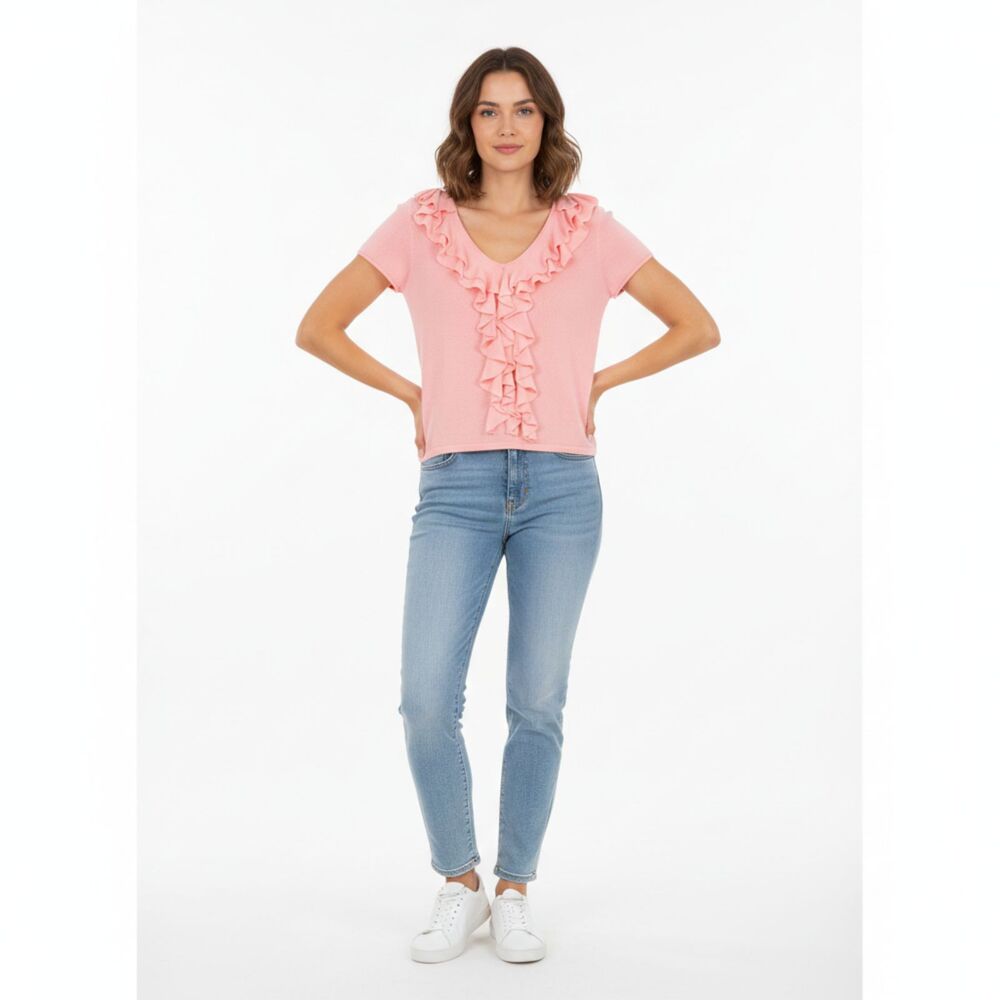 Lauren Ralph Lauren‎ Pink Ruffle V-Neck Short Sleeve Sweater - Size L